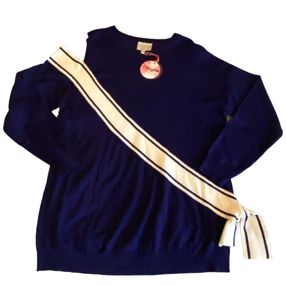 Hayden navy & white rayon sweater right cold shoulder tie at waist NWT size M/L